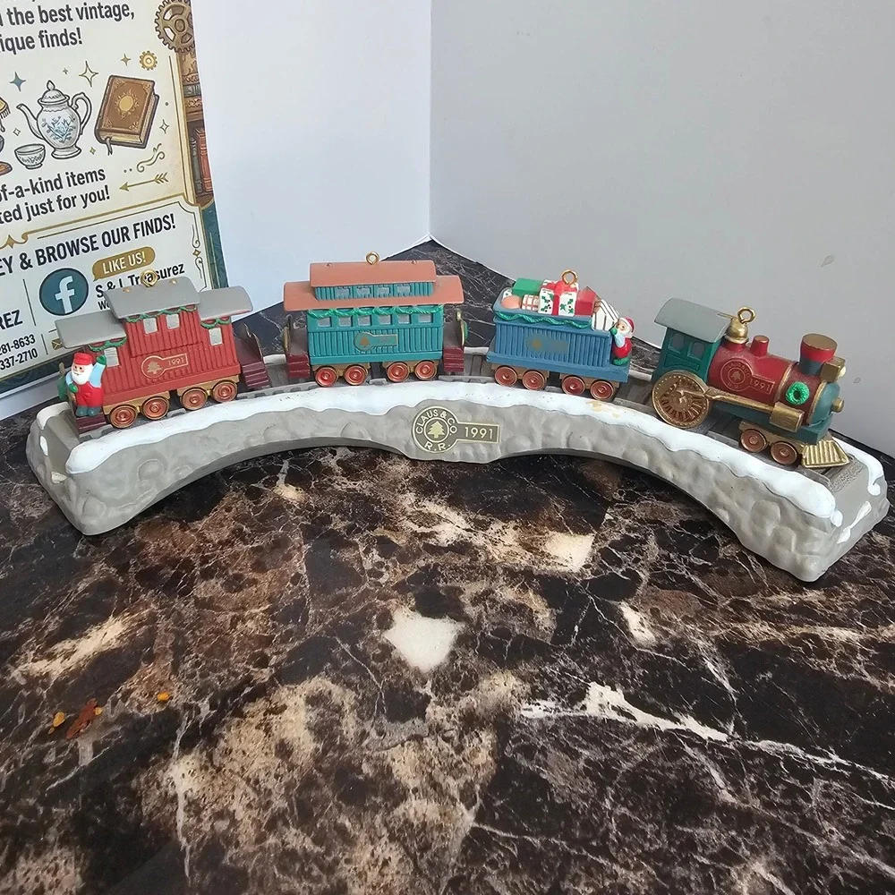 Vintage 1991 Hallmark Claus & Co RR Train Ornament Set with Snowy Track Display